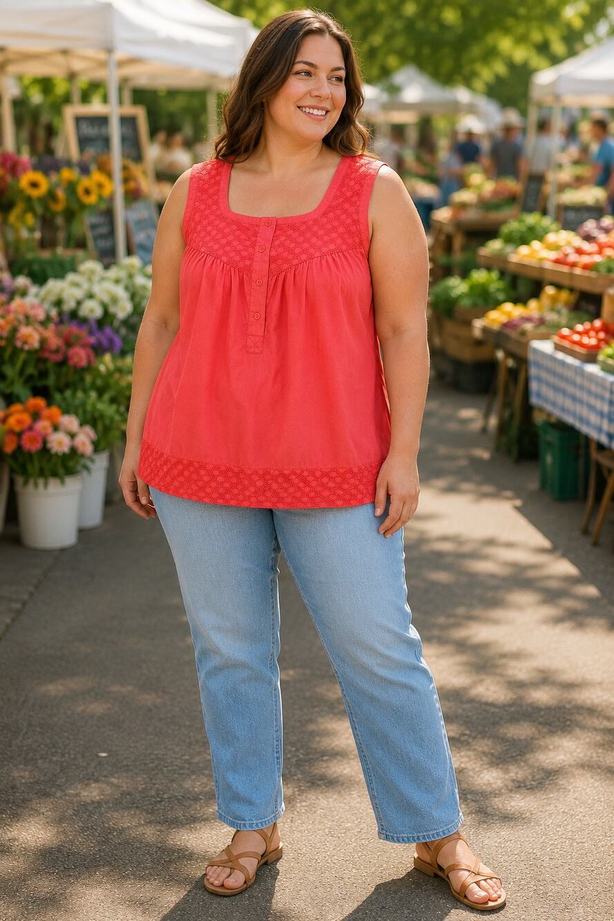 Style & Co Woman 14W Coral Cotton Sleeveless Lace Trim Boho Blouse Top